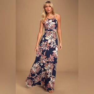 Lulus Adventure Seeker Navy Blue Floral Print Maxi Dress. Size small.